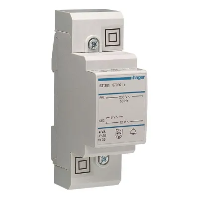 Hager Klingeltrafo ST301 | Klingeltransformator 230V 8V/0,5A 12V/0,33A | 4VA | Kurzschlusssicher | Reiheneinbau | 2TE