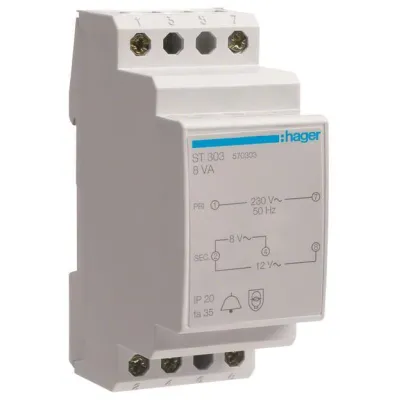 Hager Klingeltrafo ST303 230V 8V/1A 12V/0,67A 8VA | Reiheneinbau | 2TE | Kurzschlusssicher | Temperaturschutz | Weiß