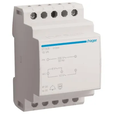 Hager Klingeltrafo ST305 | 230V | 8V/2A oder 12V/1,33A | 16VA | Reiheneinbau | kurzschlusssicher | 3TE