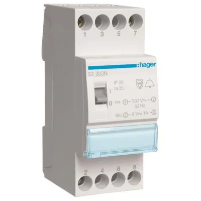 HAGER Klingeltrafo ST303N | 230V auf 8V | 8VA | Standardklingeltrafo | 0,5A | kurzschlusssicher | Reiheneinbau | 2TE