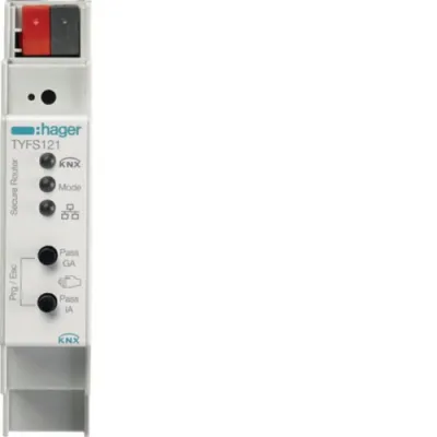 Hager KNX/IP Router Secure TYFS121 | REG 1 TE | LAN Schnittstelle | Busankoppler | ETS | RJ45 | 8 Verbindungen