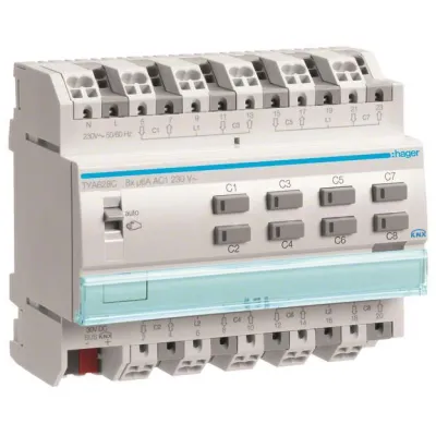Hager Jalousieaktor KNX TYA628C | 8-fach | 230V | REG Einbau | 6A Schaltstrom | Handbedienung | LED-Anzeige | IP20