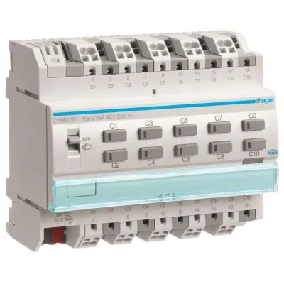 Hager Schalt-/Jalousieaktor TYA610C KNX 10-fach | 16A | REG-Montage | LED-Anzeige | 6TE | Handbedienung | IP20 | 230V
