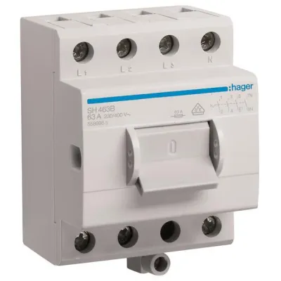 Hager Ausschalter SH463B | 4-polig | 63A | 400V AC | Kompaktschalter | 4 Schließer | Zusatzklemme | 3,5TE | VDE | IP20