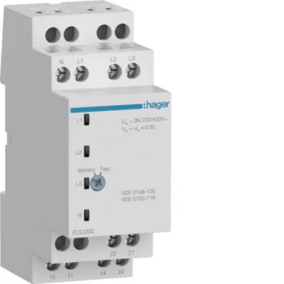 HAGER Kontrollrelais EUU200 | Spannungswächter 230-400V AC | 1P+N/3P+N | 2 Wechsler | Unterspannung VDE | 35x87x65mm