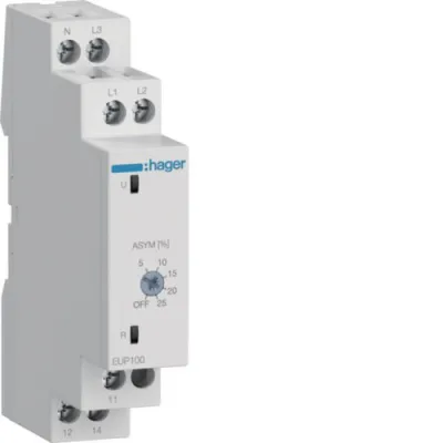 Hager Kontrollrelais EUP100 | Phasenüberwachung 3P(N) 1 Wechsler | 230V AC | Phasenfolge | Asymmetrie | Schraubanschluss