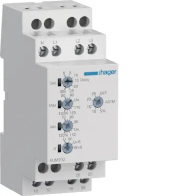HAGER Kontrollrelais EUM200 | Phasenüberwachung 1P+N/3P(N) | 230–400V AC | 2 Wechsler | Unter- & Überspannung