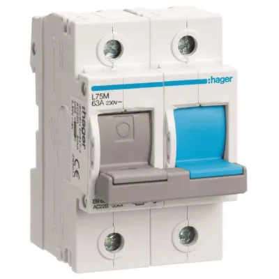 Hager Lasttrennschalter L75M D02 | 1-polig+N | 63A | 400V AC | für D02 Sicherung | Hutschiene | 2-polig | LED-Anzeige