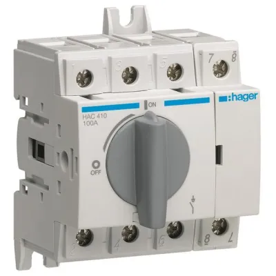Hager Lasttrennschalter HAC410 | Hauptschalter 4-polig 100A | Hutschiene/Montageplatte | verriegelbar | IP20 | grau