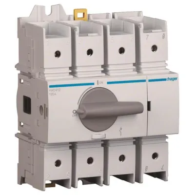 Hager Lasttrennschalter HAD412 | Hauptschalter 4-polig 125A | für Hutschiene/Montageplatte | ABS | schwarz