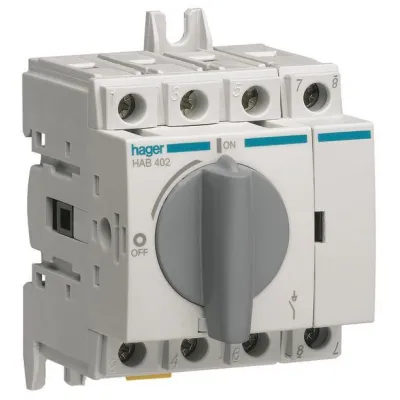 Hager Lasttrennschalter HAB402 | 4-polig 20A | für Hutschiene oder Montageplatte | verriegelbar | IP20 | grau