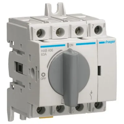 HAGER Lasttrennschalter HAB406 | Hauptschalter 4-polig 63A | Hutschiene oder Montageplatte | verriegelbar | IP20 | grau