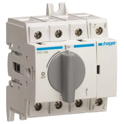 Hager Lasttrennschalter HAC408 | Hauptschalter 4-polig 80A | für Hutschiene/Montageplatte | IP20 | verriegelbar | grau