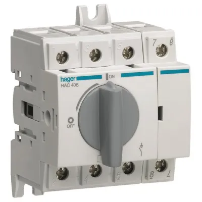 Hager Lasttrennschalter HAC406 | Hauptschalter 4-polig 63A | für Hutschiene/Montageplatte | verriegelbar | IP20 | grau