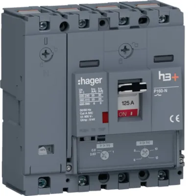 HAGER Leistungsschalter HHS126DC h3+ P160 TM ADJ | 4-polig | 125A | 25kA | IP40 | Schraubanschluss | Einbaugerät