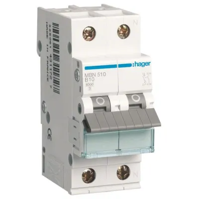 HAGER Leitungsschutzschalter MBN510 | 1-polig+N | 10A B-Charakteristik | 6kA | 2TE | 400V/415V AC | IP20