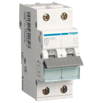 HAGER Leitungsschutzschalter MBN520 | 1-polig+N | B-Charakteristik | 20A | 6kA | 2TE | 400V AC | IP20