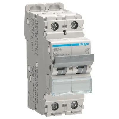 Hager Leitungsschutzschalter NBN510 | B-10A | 1-polig+N | 10kA | 2TE | AC 230V | schaltbarer Neutralleiter | IP20