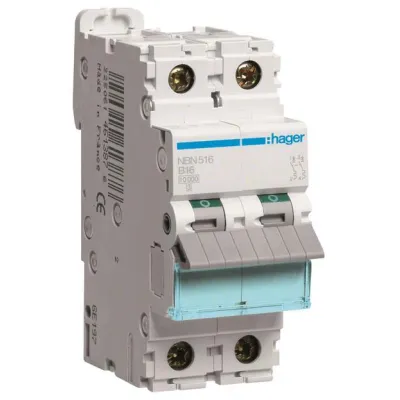 Hager Leitungsschutzschalter NBN516 | 1-polig+N | B-16A | 10kA | 2TE | AC 230V | Mitschaltender Neutralleiter