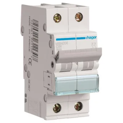 Hager Leitungsschutzschalter MBN206 | 2-polig | B6A | 6kA | 2TE | 400V AC | LS-Schalter | Unterputz | IP20