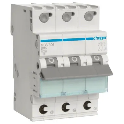 Hager Leitungsschutzschalter MBS306 | 3-polig | 6A | B-Charakteristik | 6kA | QuickConnect | 3 Module | 400V | Grau/Weiß