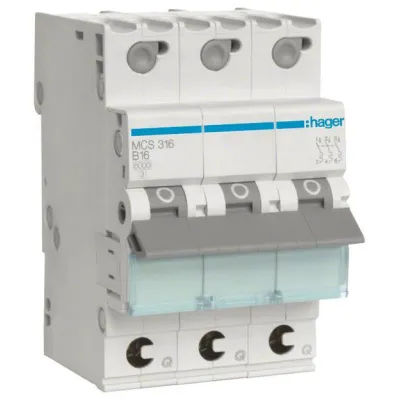 Hager Leitungsschutzschalter MCS316 | 3-polig | 16A | C-Charakteristik | 6kA | Quick Connect | 3 Module | 400V AC | IP20