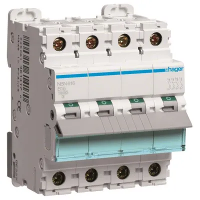 Hager Leitungsschutzschalter NBN616 | 3-polig+N | B-16A | 10kA | 4TE | 400V AC | mit Schaltbarem Neutralleiter | IP20