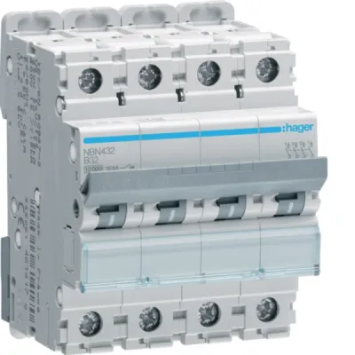 HAGER Leitungsschutzschalter NBN432 | 4-polig | B-32A | 10kA/15kA | 400V AC | 4TE | Einbautiefe 70mm | IP20 | Unterputz