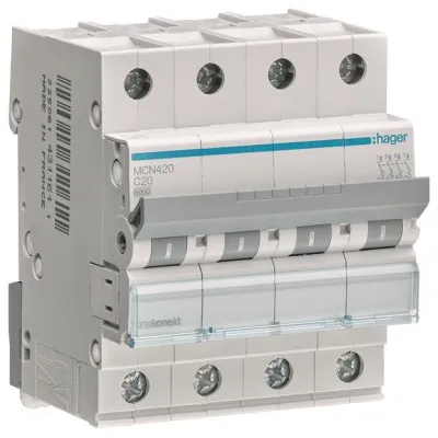 Hager Leitungsschutzschalter MCN420 | 4-polig | C-20A | 6kA | 4TE | 400V AC | DIN EN 60898 | IP20 | Unterputz
