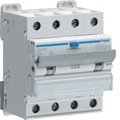 HAGER FI/LS-Schalter AEX466C | 4-polig | 16A C | 100mA Typ A | 10kA | 400V | Leitungsschutzschalter | Fehlerstromschutz