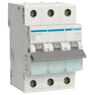 Hager Leitungsschutzschalter MBN350 3-polig B-50A | 6kA | 3 Module | B-Charakteristik | Hutschienenmontage | 400V AC