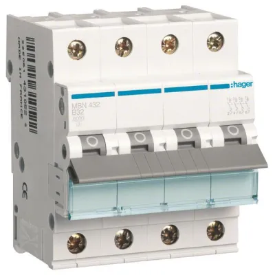 Hager Leitungsschutzschalter MBN432 | 4-polig | B-32A | 6kA | 4 Module | 400V AC | Unterputz | IP20