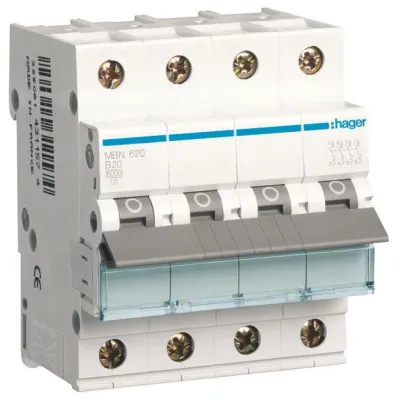 HAGER Leitungsschutzschalter MBN620 | 3P+N | B 20A | 400V AC | 6kA | 4TE | Mitschaltender Neutralleiter | IP20