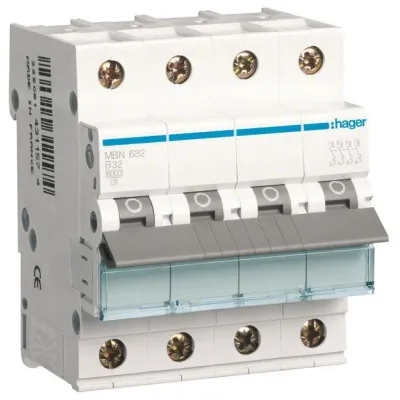 HAGER Leitungsschutzschalter MBN632 | 3P+N | B-32A | 6kA | 400V AC | 4TE | IP20 | schaltbarer Neutralleiter | Unterputz