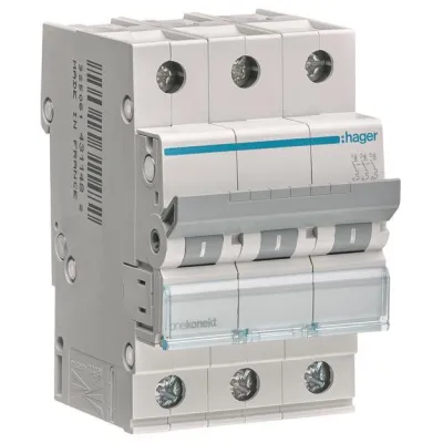 Hager Leitungsschutzschalter MCN363 | 3-polig | 63A | C-Charakteristik | 6kA | 3 Module | 400V AC | Unterputz | IP20