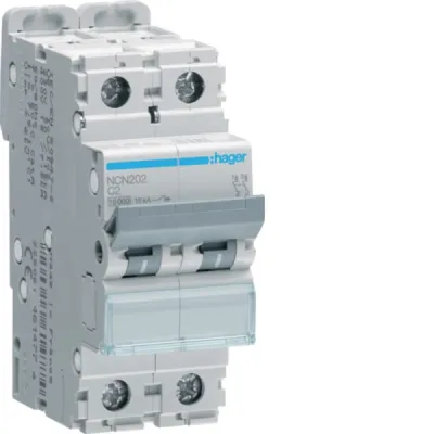HAGER Leitungsschutzschalter NCN202 | 2-polig | C-Charakteristik | 2A | 10kA | 400V AC | 2TE | IP20 | Unterputzmontage