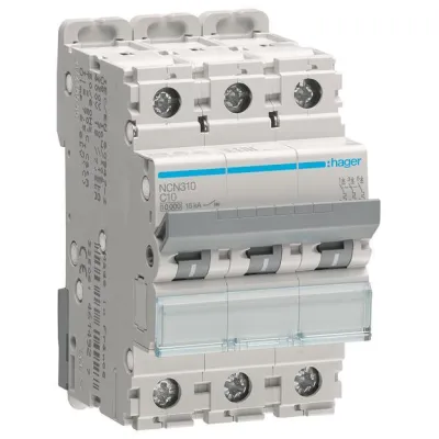 Hager Leitungsschutzschalter NCN310 | 3-polig | C-10A | 10kA | 3TE | 400V AC | Kurzschluss- & Überlastschutz