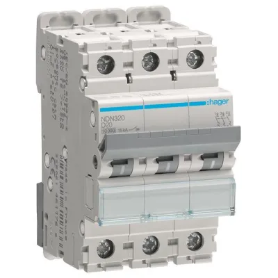 HAGER Leitungsschutzschalter NDN320 | 3-polig | 20A | D-Charakteristik | 10kA | 415V AC | 3 Module | IP2x