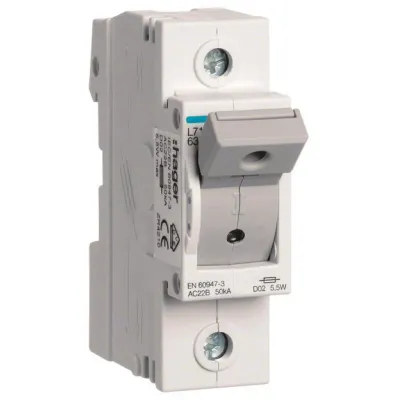Hager Lasttrennschalter L71M | D02 Sicherung | 1-polig | 63A | 400V AC | Hutschiene | LED-Meldeanzeige | abschließbar