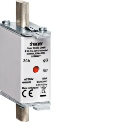 HAGER NH-Sicherungseinsatz LNH0020M NH000 20A 500V gG | Kombikennmelder | Metallgriff | AC | 120kA | 80kA DC