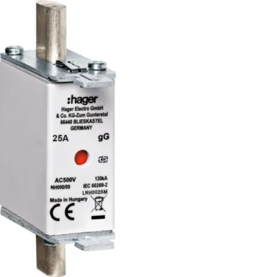 Hager NH-Sicherungseinsatz LNH0025M NH000 25A 500V gG | Mittenkennmelder | Kombi-Melder | Metall-Grifflasche | AC/DC