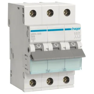 Hager Leitungsschutzschalter MBN306 | 3-polig | B-Charakteristik | 6A | 6kA | 400V AC | 3 TE | LS-Schalter | IP20