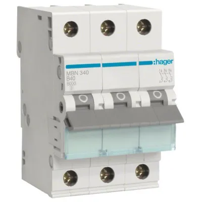 Hager Leitungsschutzschalter MBN340 | 3-polig | 40A | B-Charakteristik | 6kA | 3TE | 400V | Hutschiene | DIN EN 60898-1