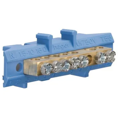 Hager Messingklemme KM07N | N-Klemme 7 Klemmstellen | für DIN-Schiene | 60A | 1-polig | 5mm Breite | Blau