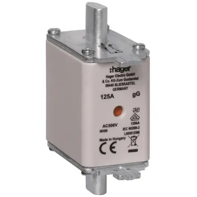 Hager NH-Sicherungseinsatz LNH0125M | NH00 | 125A gG | 500V AC | Mittenkennmelder | Metall-Grifflasche | 120kA