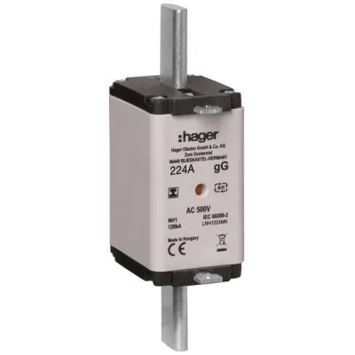 Hager NH-Sicherungseinsatz LNH1224MK NH1 224A gG 500V | isolierte Grifflasche | Kombimelder | Mittelkennmelder