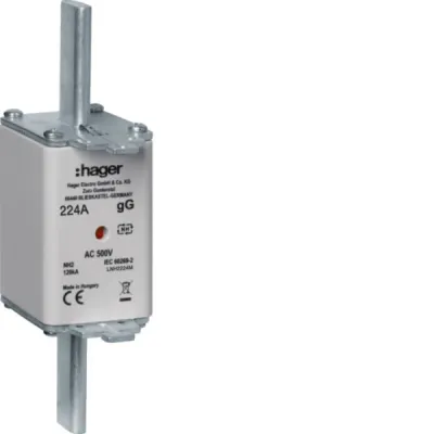 Hager NH-Sicherungseinsatz LNH2224M NH2C 224A 500V AC gG | Kombikennmelder | Grifflasche spannungsführend | 120kA