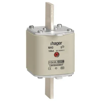Hager NH-Sicherungseinsatz LNH30455M4T | NH3 | 455A | 400V AC | gTr Trafo-Ganzbereich | Mittenkennmelder | Grifflasche