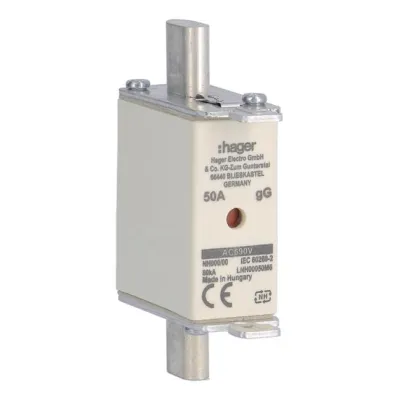Hager NH-Sicherungseinsatz LNH00050M6 | NH000 gG | 50A | 690V AC | Kombikennmelder | Metall-Grifflasche