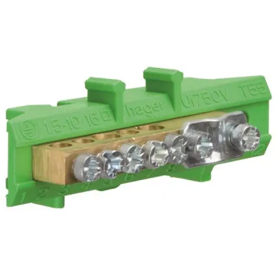 Hager Messingklemme KM06E | PE-Klemme für Zählertafel | 6 Klemmstellen | Flachschiene 5 mm | Rundleiter & Bandleiter